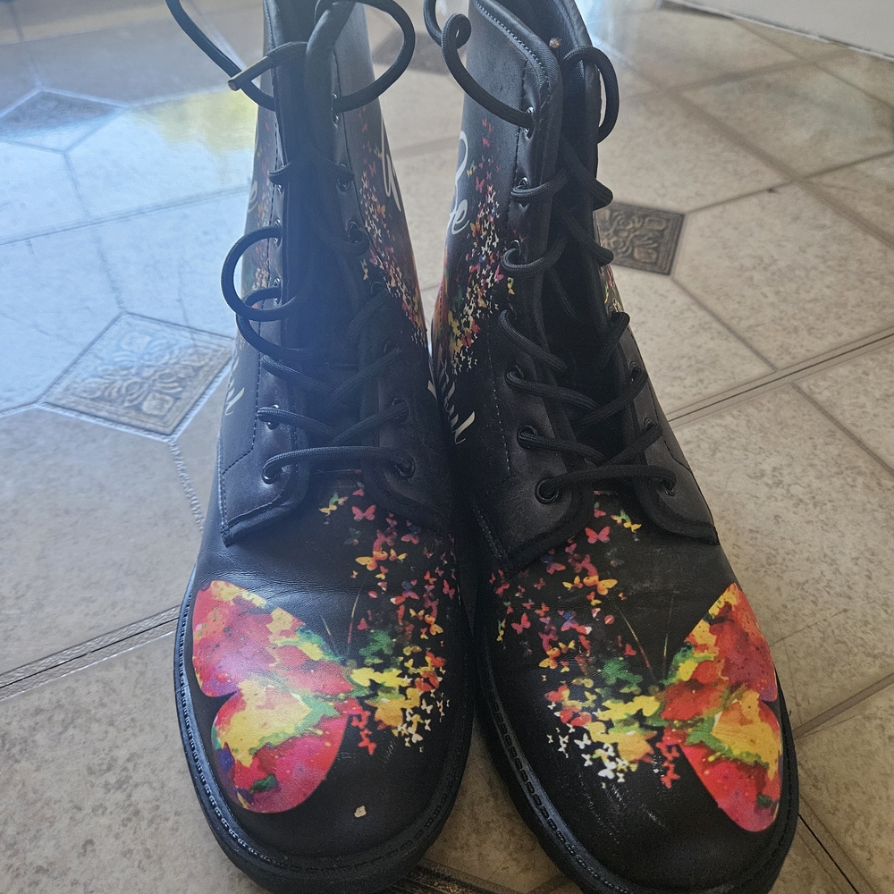 Black Ankle Booties with Colorful Butterfly Print